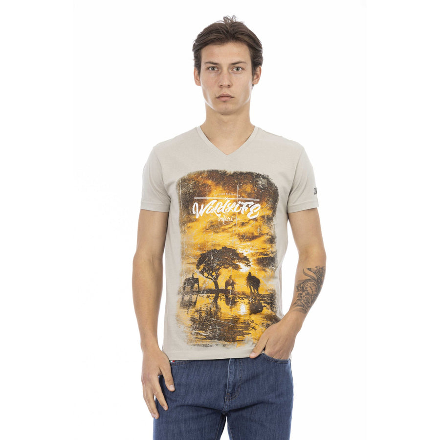 Trussardi Action Beige V-Neck Tee with Elegant Front Print