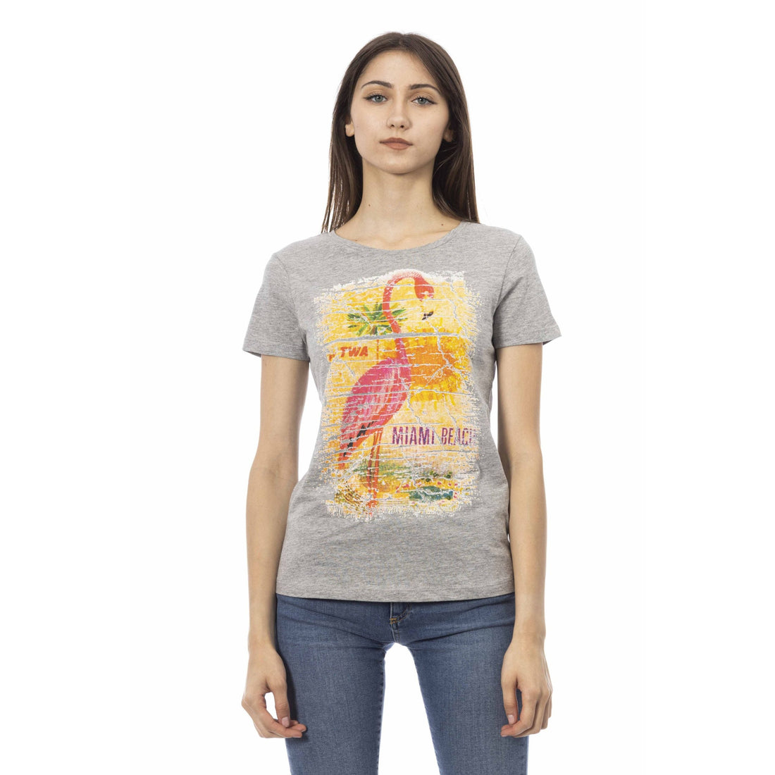 Trussardi Action Chic Gray Cotton Blend Tee with Artistic Print