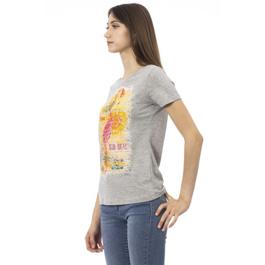 Trussardi Action Chic Gray Cotton Blend Tee with Artistic Print