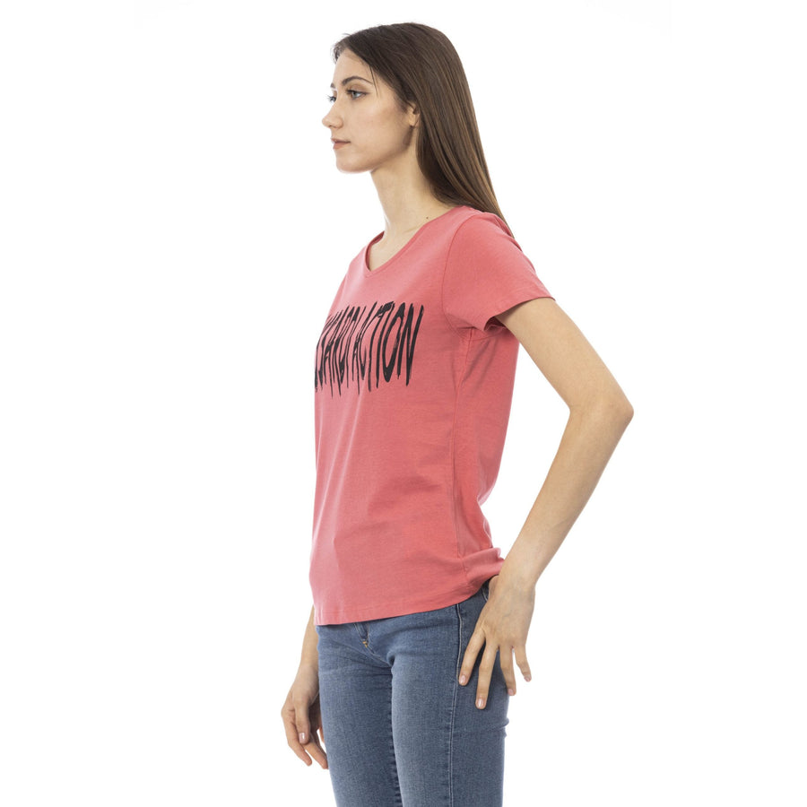 Trussardi Action Elegant Pink V-Neck Tee with Chic Print