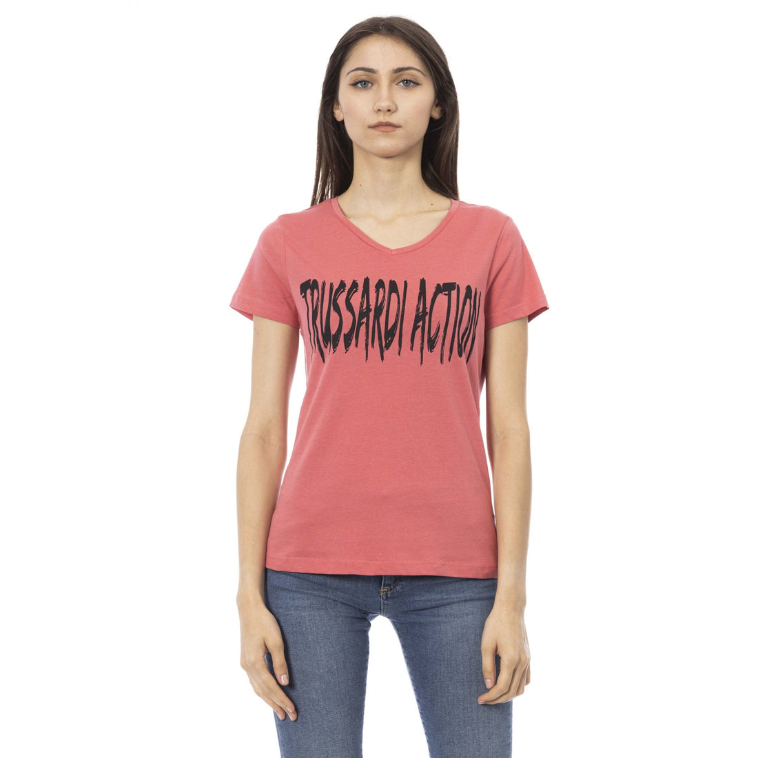 Trussardi Action Elegant Pink V-Neck Tee with Chic Print