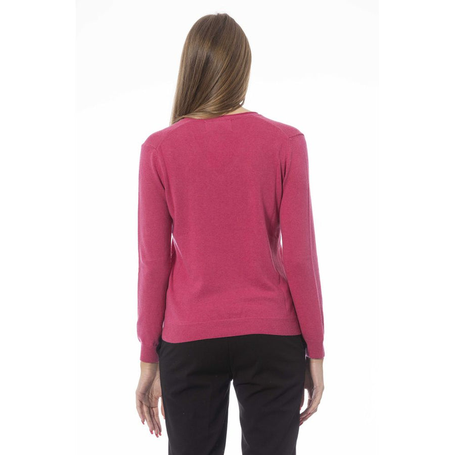 Baldinini Trend Fuchsia V-Neck Ribbed Knit Cashmere Sweater