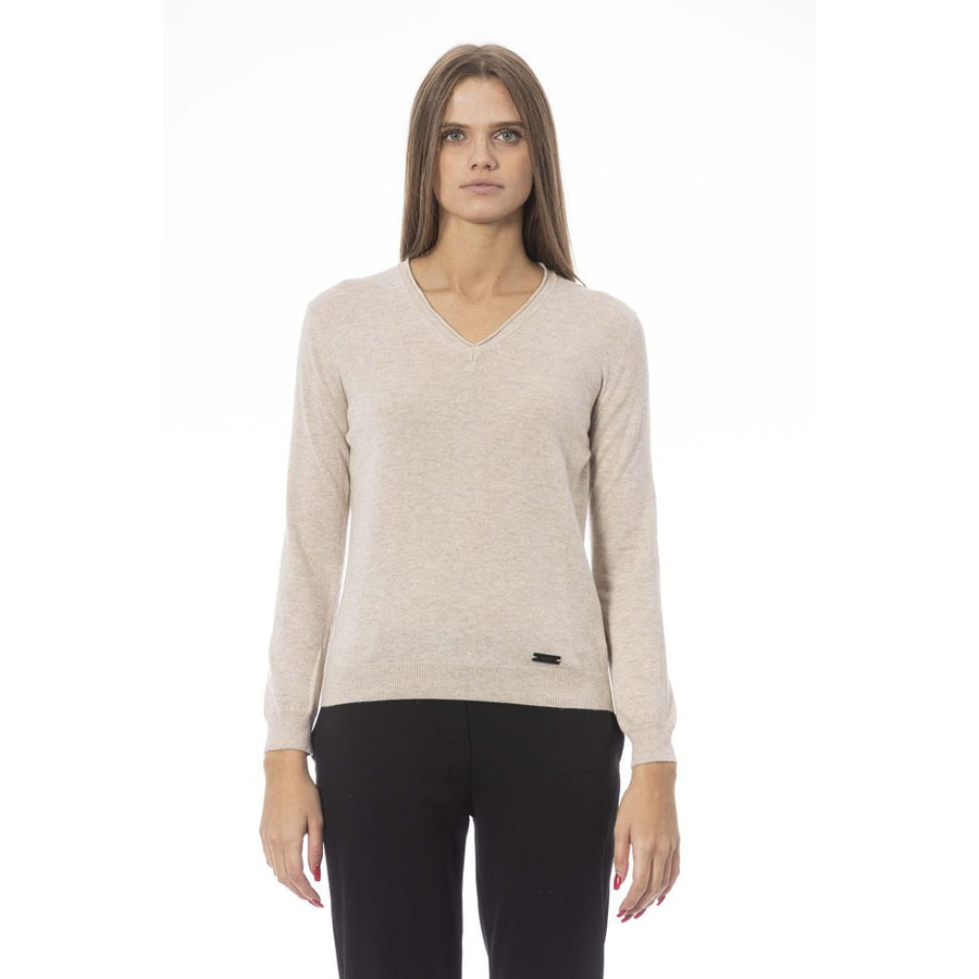 Baldinini Trend Elegant Beige V-Neck Sweater – Cozy & Chic