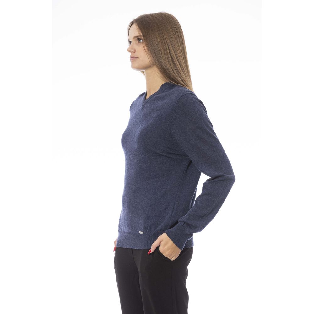 Baldinini Trend Chic V-Neck Blue Sweater