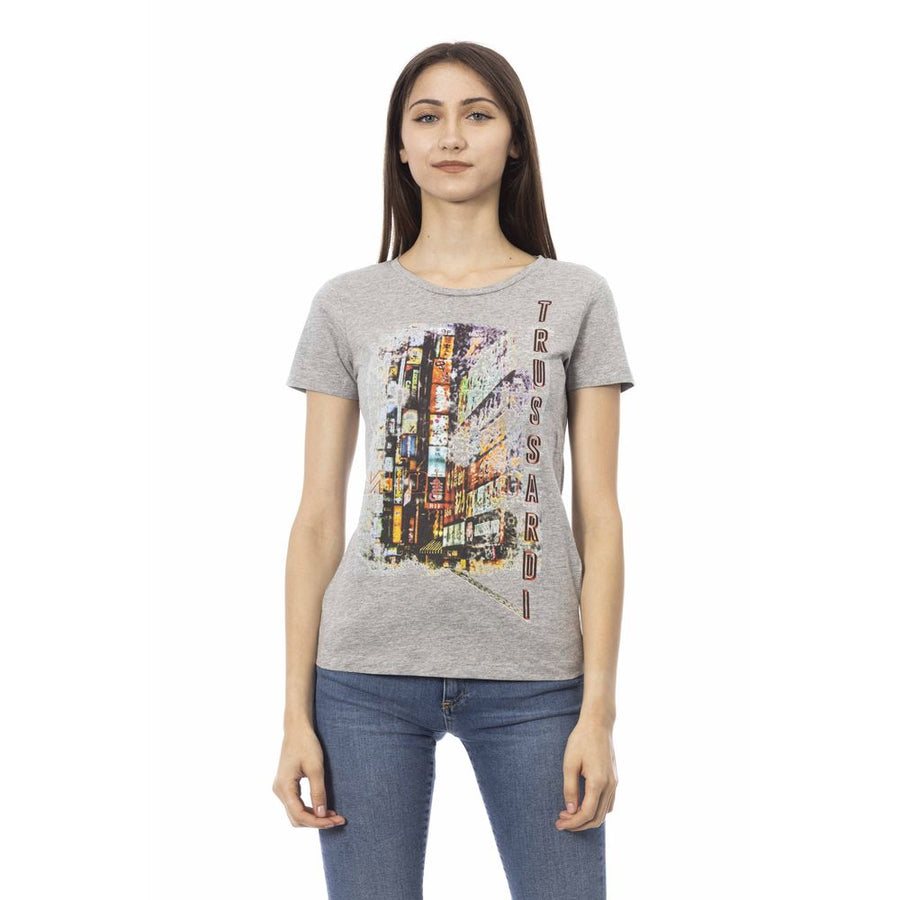 Trussardi Action Chic Gray Cotton Blend Tee with Unique Print