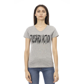 Trussardi Action Elegant Gray V-Neck Tee with Chic Print