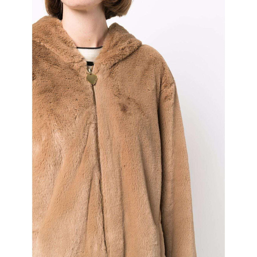 Love Moschino Elegant Beige Faux Fur Hooded Coat