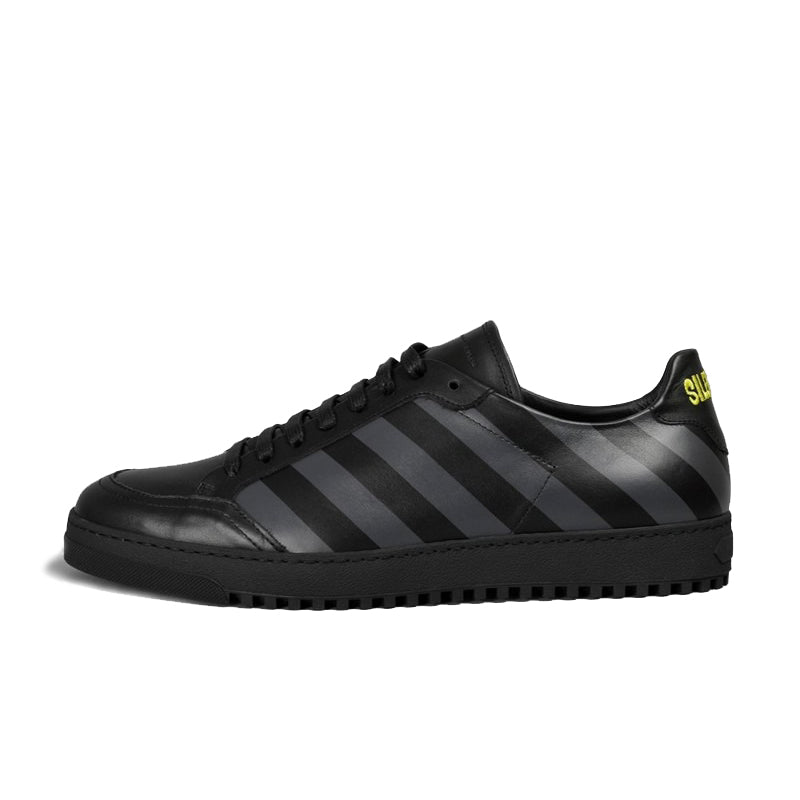 Off-White Stylish Calfskin Sneakers with Iconic Grey Stripes