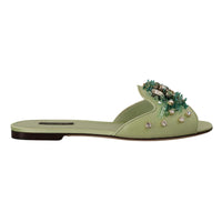 Dolce & Gabbana Elegant Crystal-Embellished Green Leather Slides