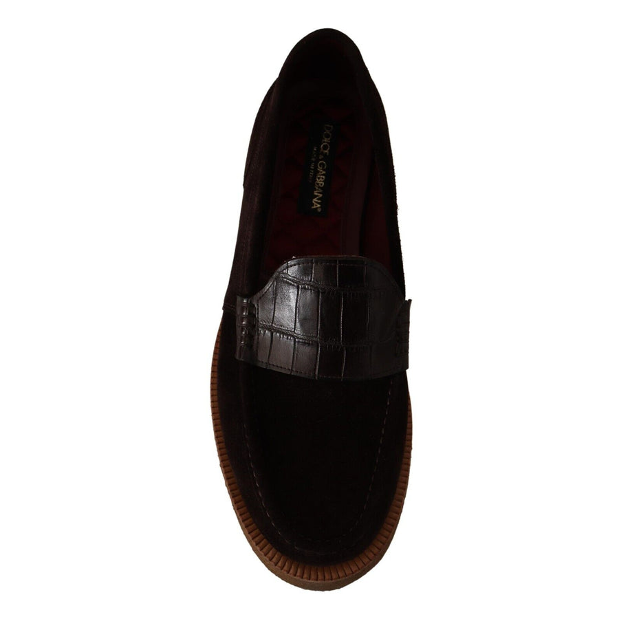 Dolce & Gabbana Elegant Suede Crocodile Loafers in Brown