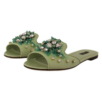 Dolce & Gabbana Elegant Crystal-Embellished Green Leather Slides