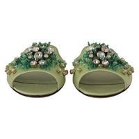 Dolce & Gabbana Elegant Crystal-Embellished Green Leather Slides