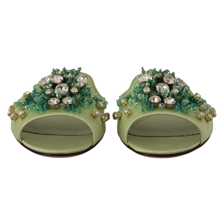 Dolce & Gabbana Elegant Crystal-Embellished Green Leather Slides