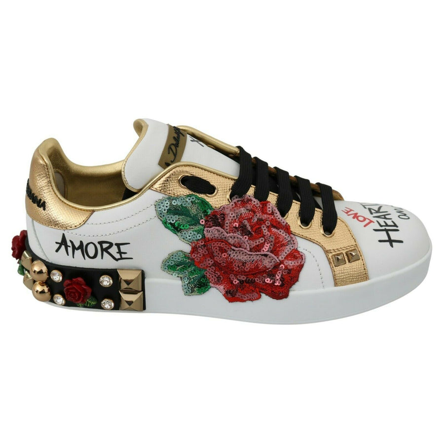 Dolce & Gabbana White Roses Sequined Crystal Womens Sneakers Shoes