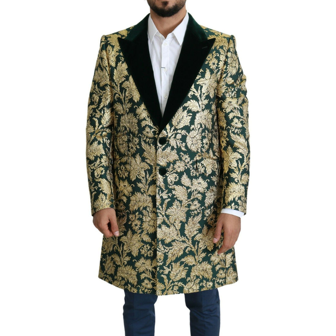 Dolce & Gabbana DOLCE & GABBANA Jacket SICILIA Green Gold Jacquard Long Coat