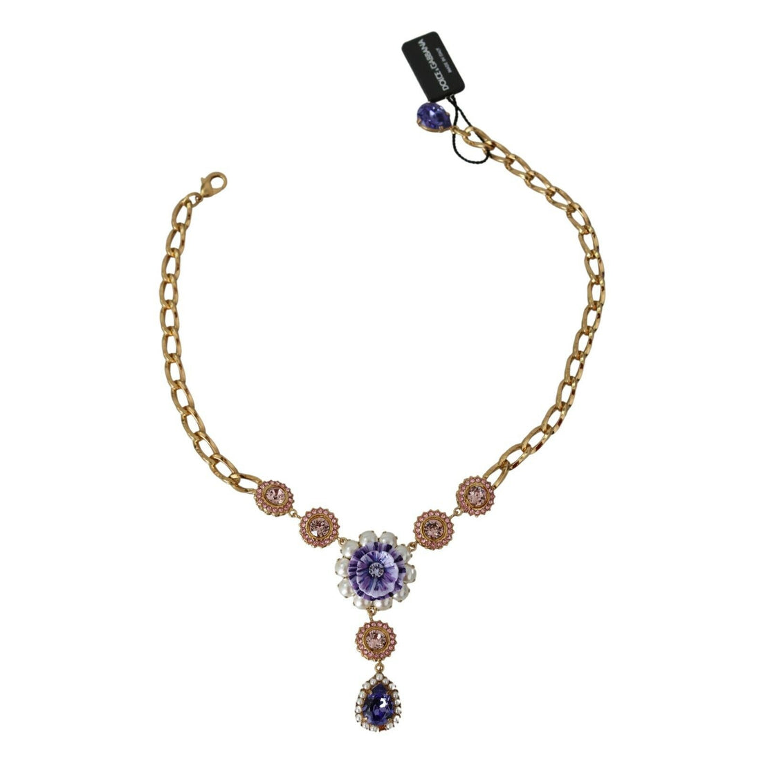 Dolce & Gabbana Elegant Gold Crystal Floral Charm Necklace