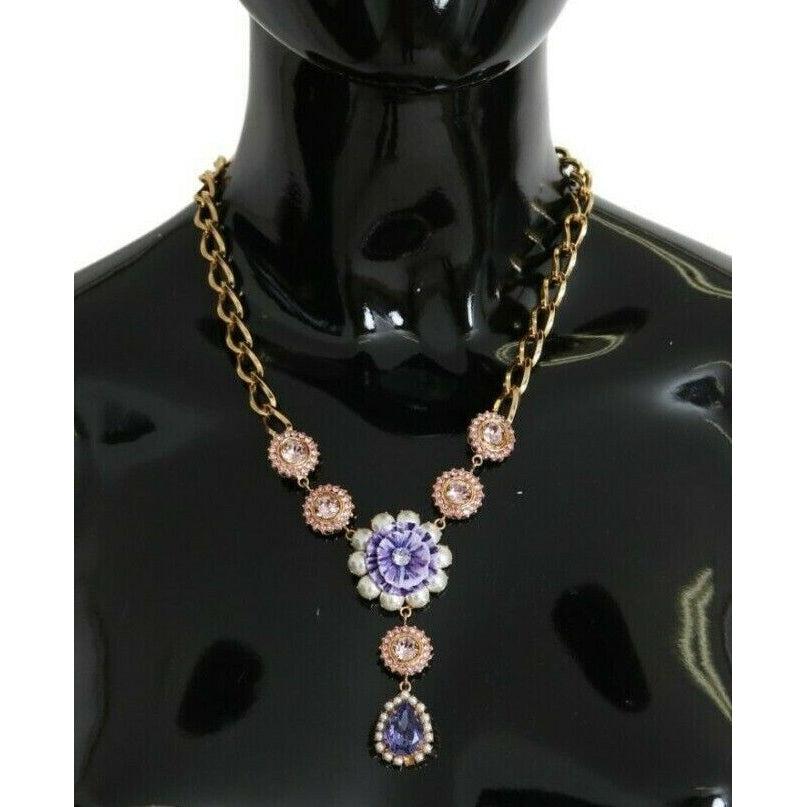 Dolce & Gabbana Elegant Gold Crystal Floral Charm Necklace