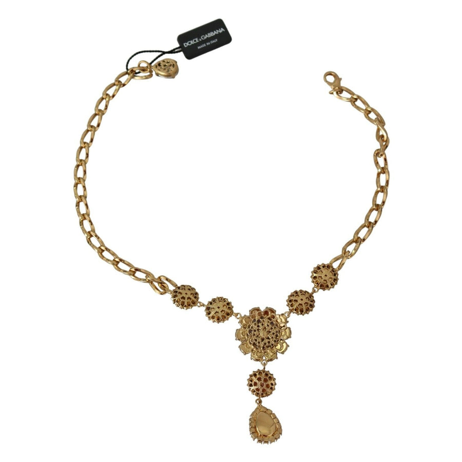 Dolce & Gabbana Elegant Gold Crystal Floral Charm Necklace