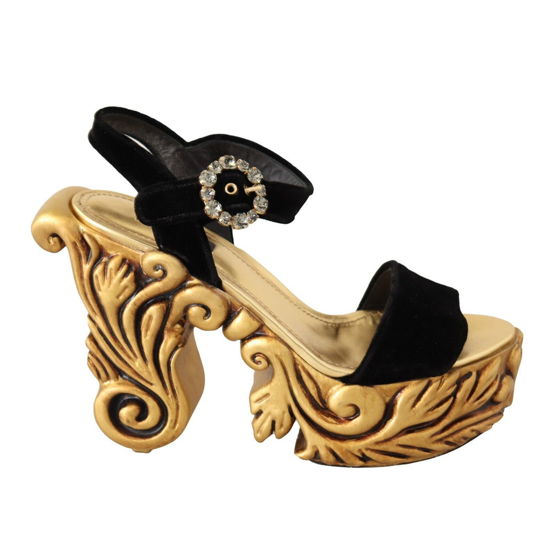 Dolce & Gabbana Black Gold Baroque Velvet Heels Crystal Shoes