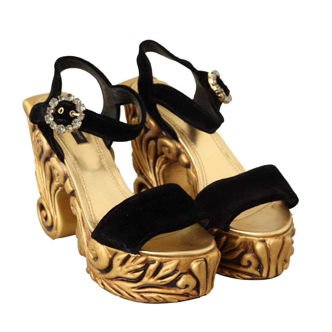 Dolce & Gabbana Black Gold Baroque Velvet Heels Crystal Shoes