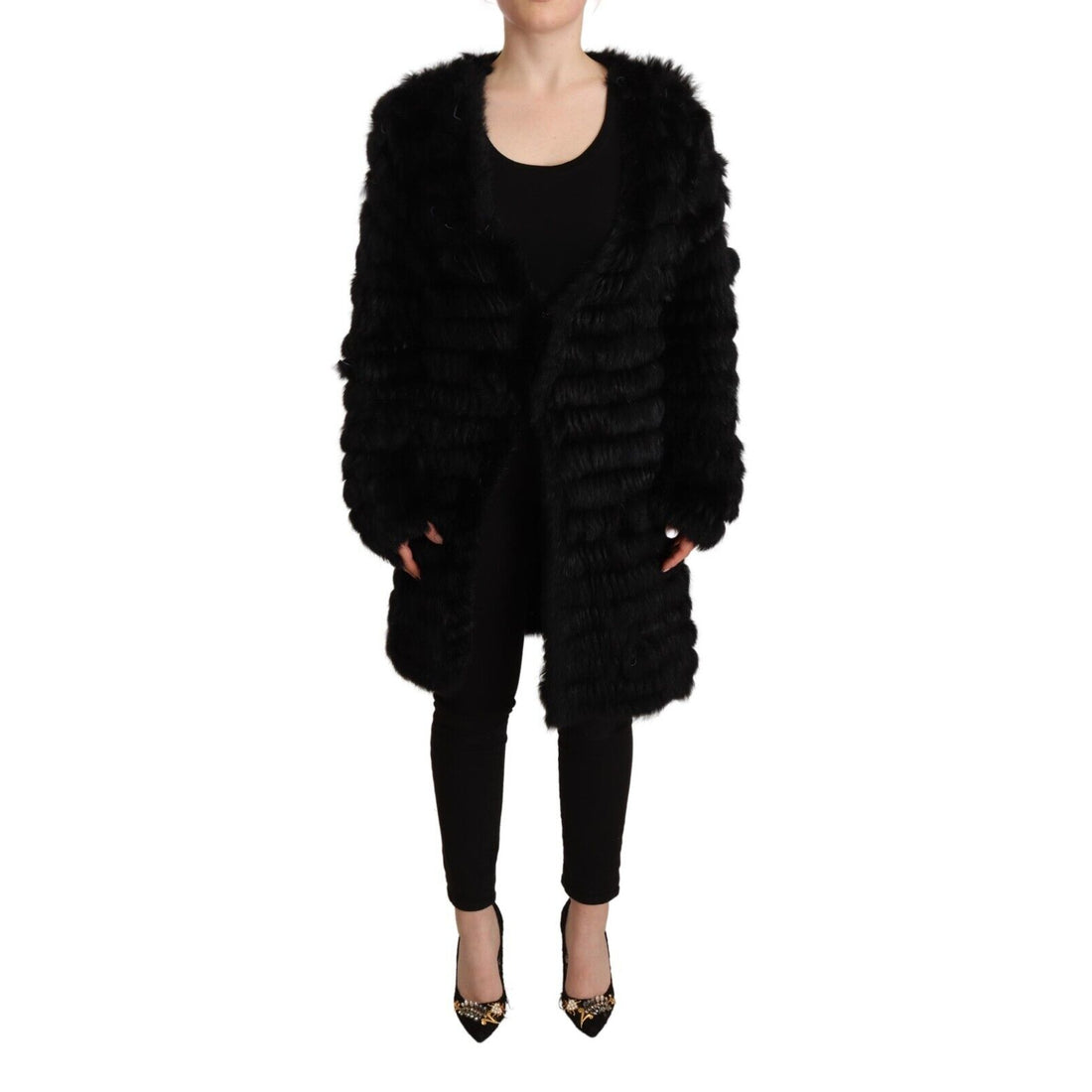 Just Cavalli Black Rabbit Fur Cardigan Long Sleeves Jacket