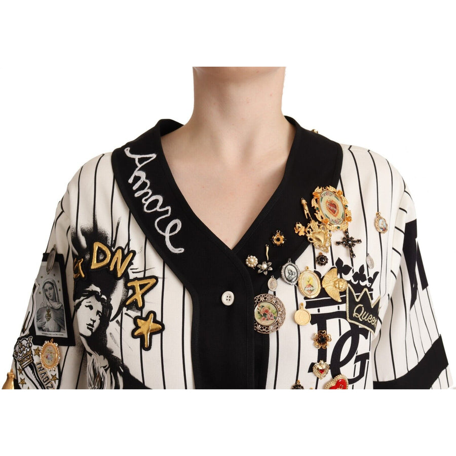 Dolce & Gabbana Elegant Striped V-Neck Blouse with Charms