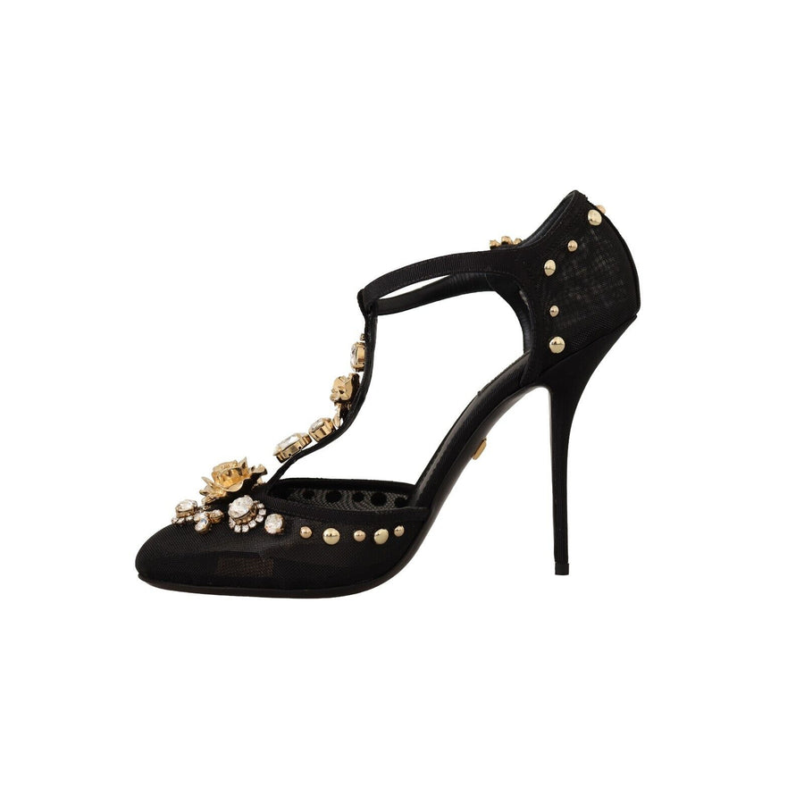 Dolce & Gabbana Elegant Crystal-Embellished Mesh T-Strap Pumps