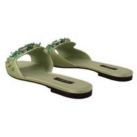 Dolce & Gabbana Elegant Crystal-Embellished Green Leather Slides