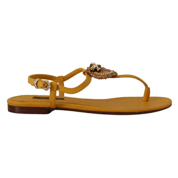 Dolce & Gabbana Mustard T-Strap Flat Sandals with Heart Embellishment