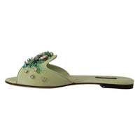 Dolce & Gabbana Elegant Crystal-Embellished Green Leather Slides