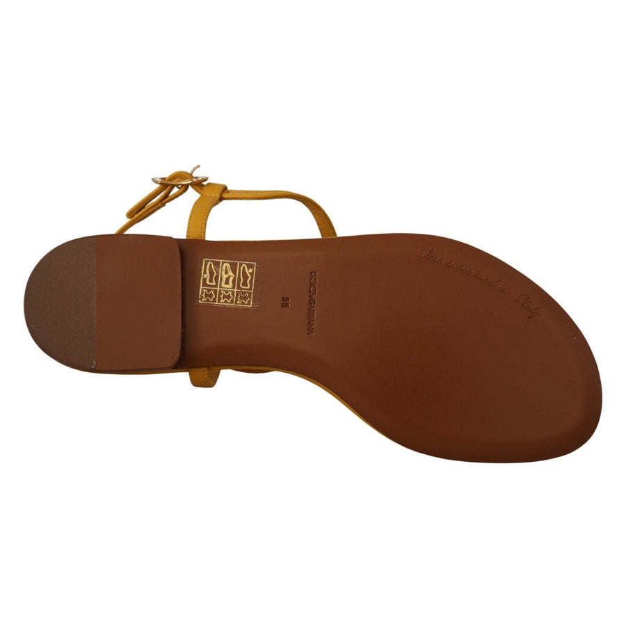 Dolce & Gabbana Mustard T-Strap Flat Sandals with Heart Embellishment