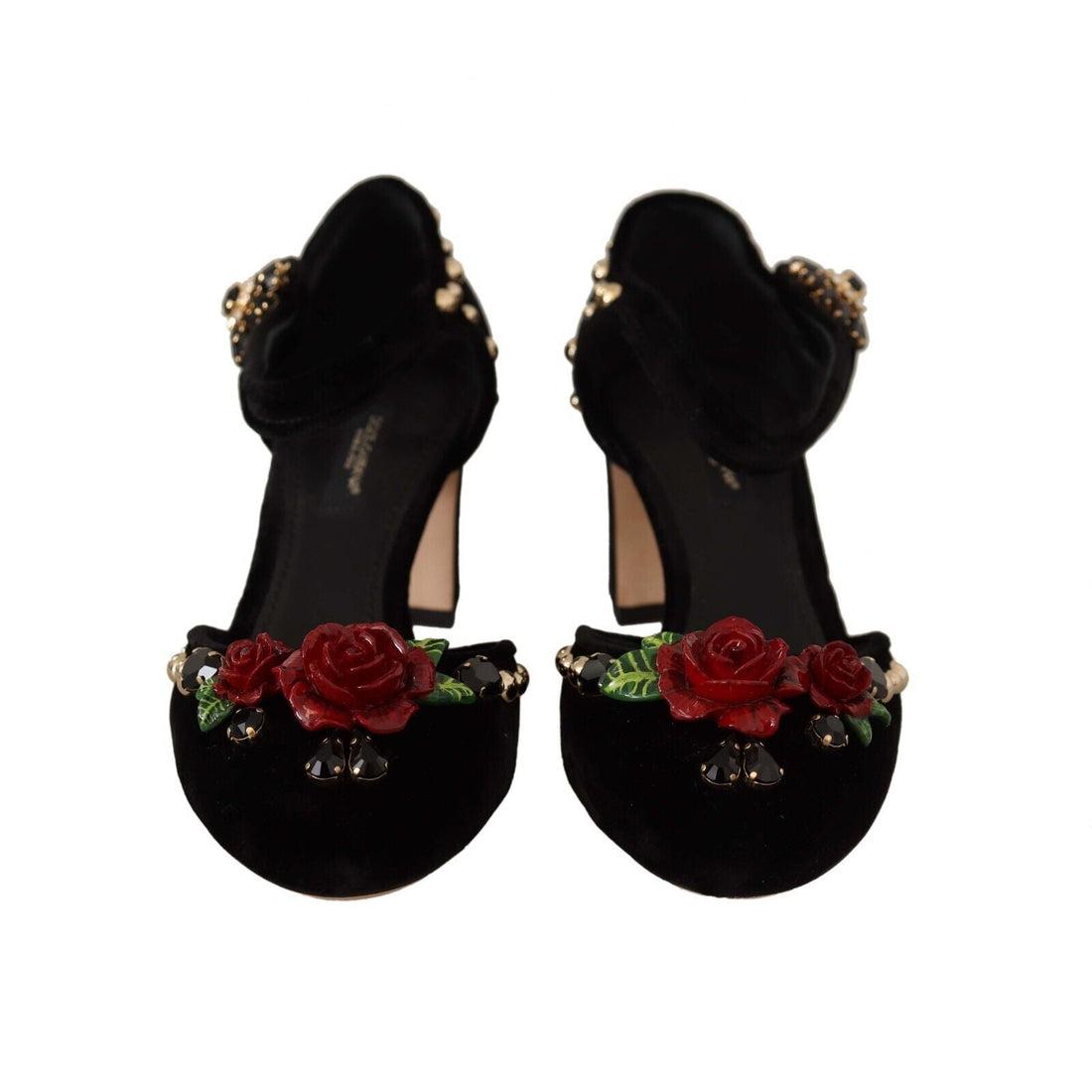 Dolce & Gabbana Black Crystal Rose Heel Sandals