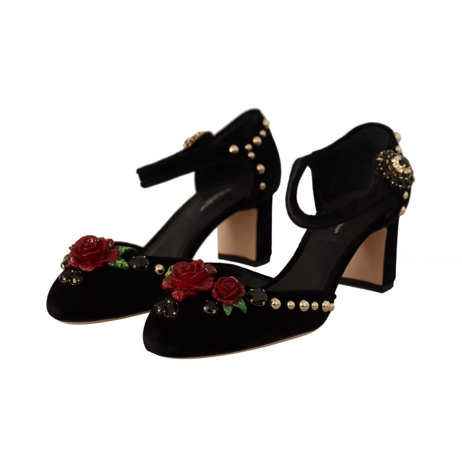 Dolce & Gabbana Black Crystal Rose Heel Sandals