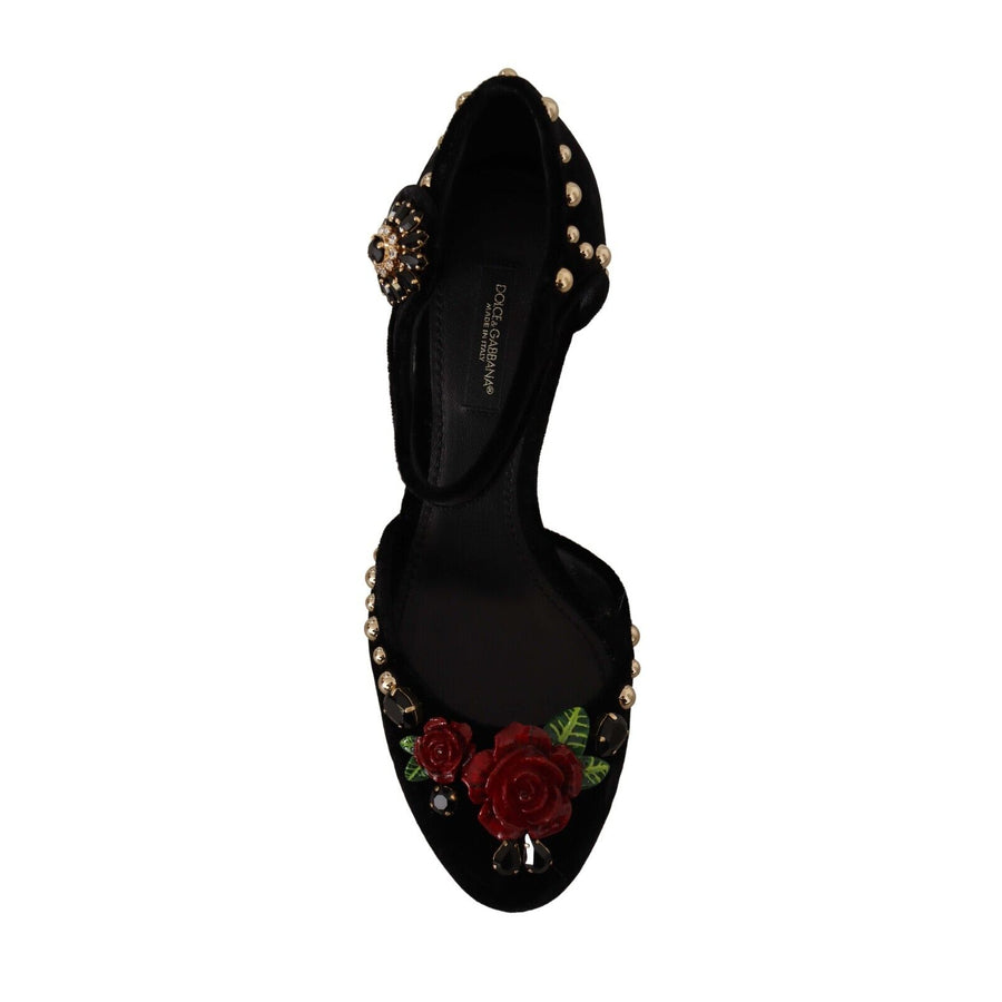 Dolce & Gabbana Black Crystal Rose Heel Sandals