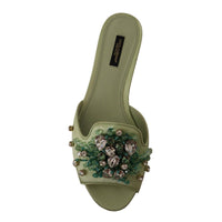 Dolce & Gabbana Elegant Crystal-Embellished Green Leather Slides