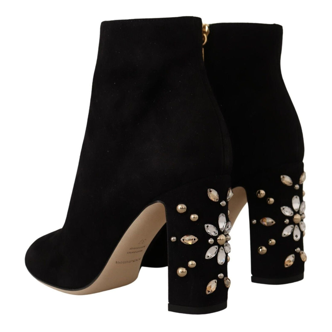 Dolce & Gabbana Black Suede Leather Crystal Heels Boots Shoes