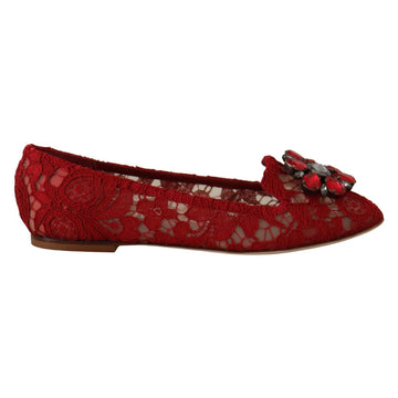 Dolce & Gabbana Radiant Red Lace Ballet Flats with Crystal Buckle