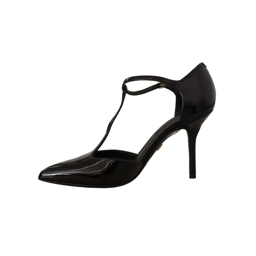 Dolce & Gabbana Elegant Black Leather T-Strap Heels Sandals